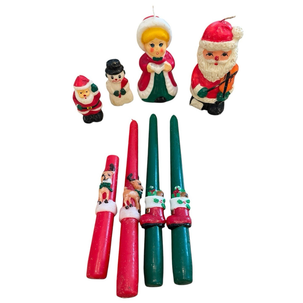 Vintage Lot 8 Christmas Candles Wax Santa Snowman Tapers Mid Century Modern MCM‎